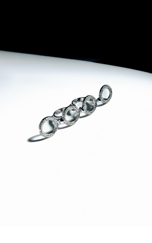 Zylberstein French fashion luxury statement bold jewelry silver palladium metal adjustable double ring with Swarovski crystals rings and cones studs