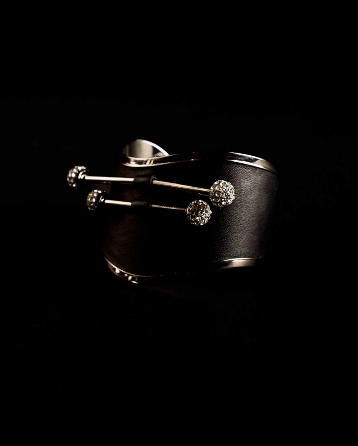 Zylberstein French luxury statement fashion dark gunmetal silver cuff with barbell piercing  jewelry with sustainable leather and swarovski crystals