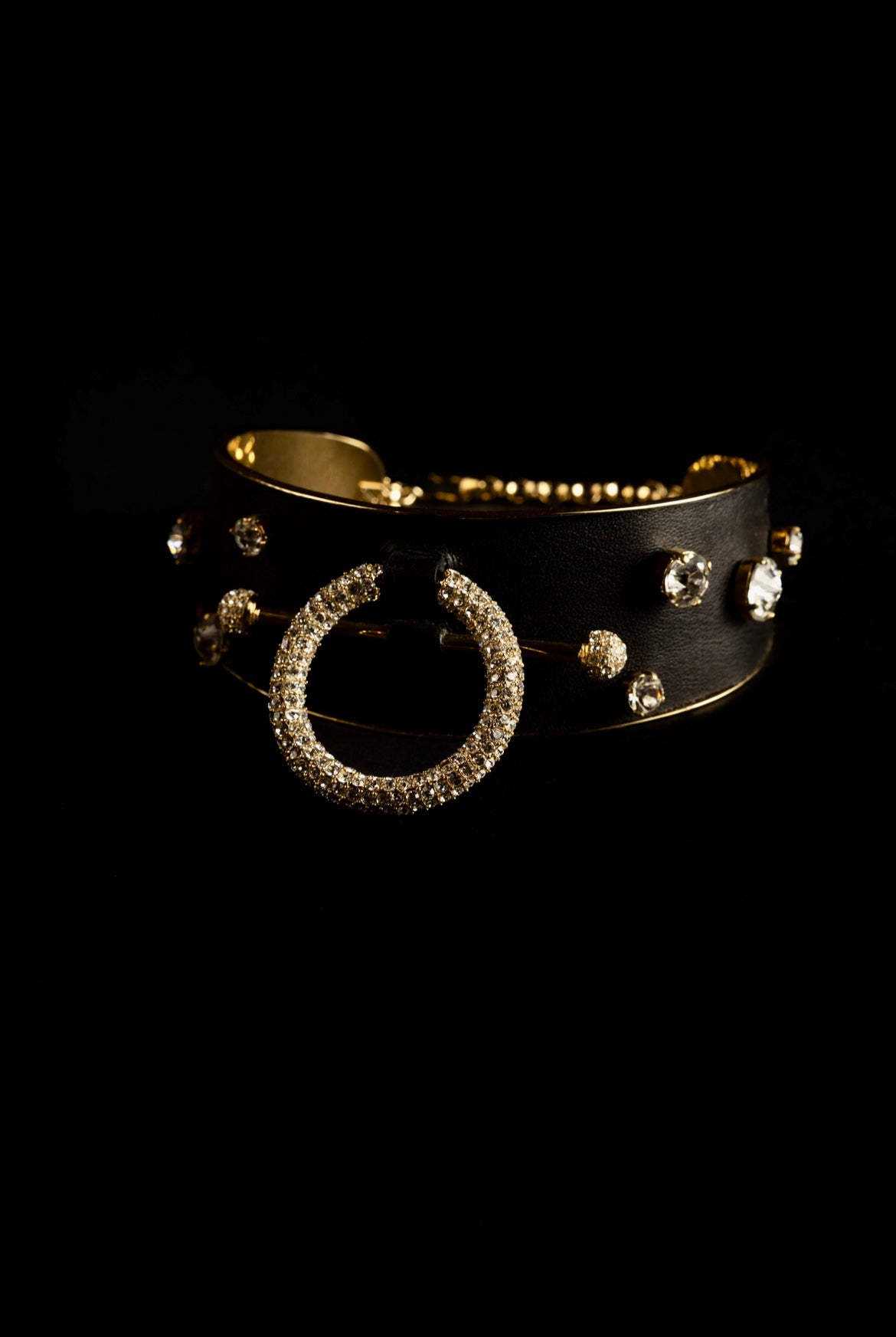 Zylberstein French luxury statement fashion gold choker barbell piercing ring necklace jewelry with sustainable leather and swarovski crystals