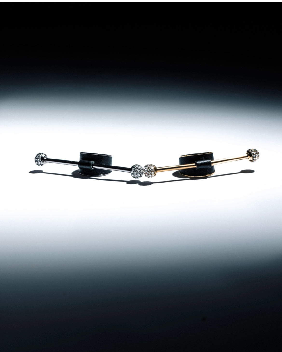 Zylberstein French luxury statement fashion dark gunmetal silver or gold adjustable ring with barbell piercing  jewelry with sustainable leather and swarovski crystals