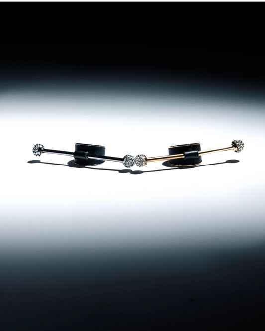 Zylberstein French luxury statement fashion dark gunmetal silver or gold adjustable ring with barbell piercing  jewelry with sustainable leather and swarovski crystals