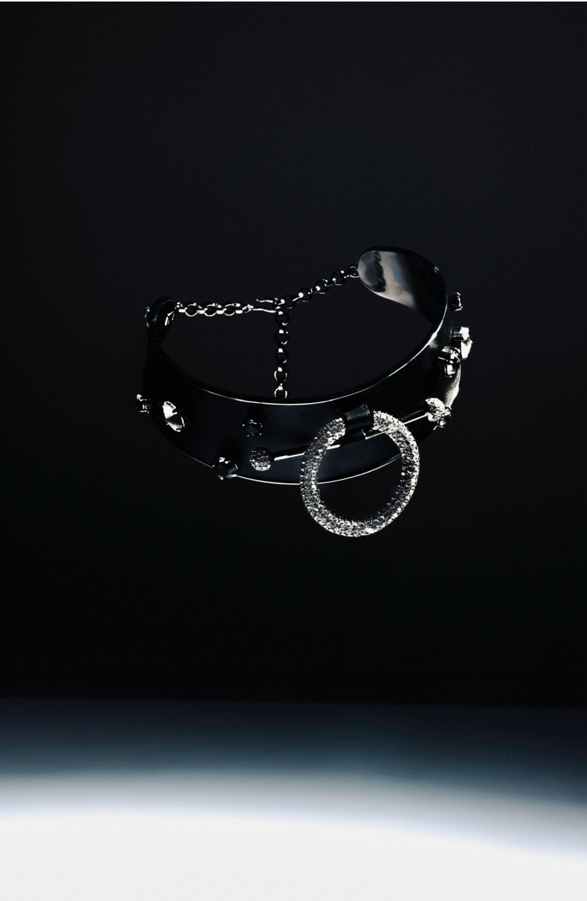 Zylberstein French luxury statement fashion dark silver gunmetal choker barbell piercing ring necklace jewelry with sustainable leather and swarovski crystals