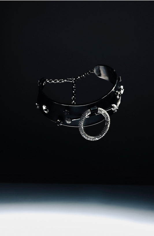 Zylberstein French luxury statement fashion dark silver gunmetal choker barbell piercing ring necklace jewelry with sustainable leather and swarovski crystals