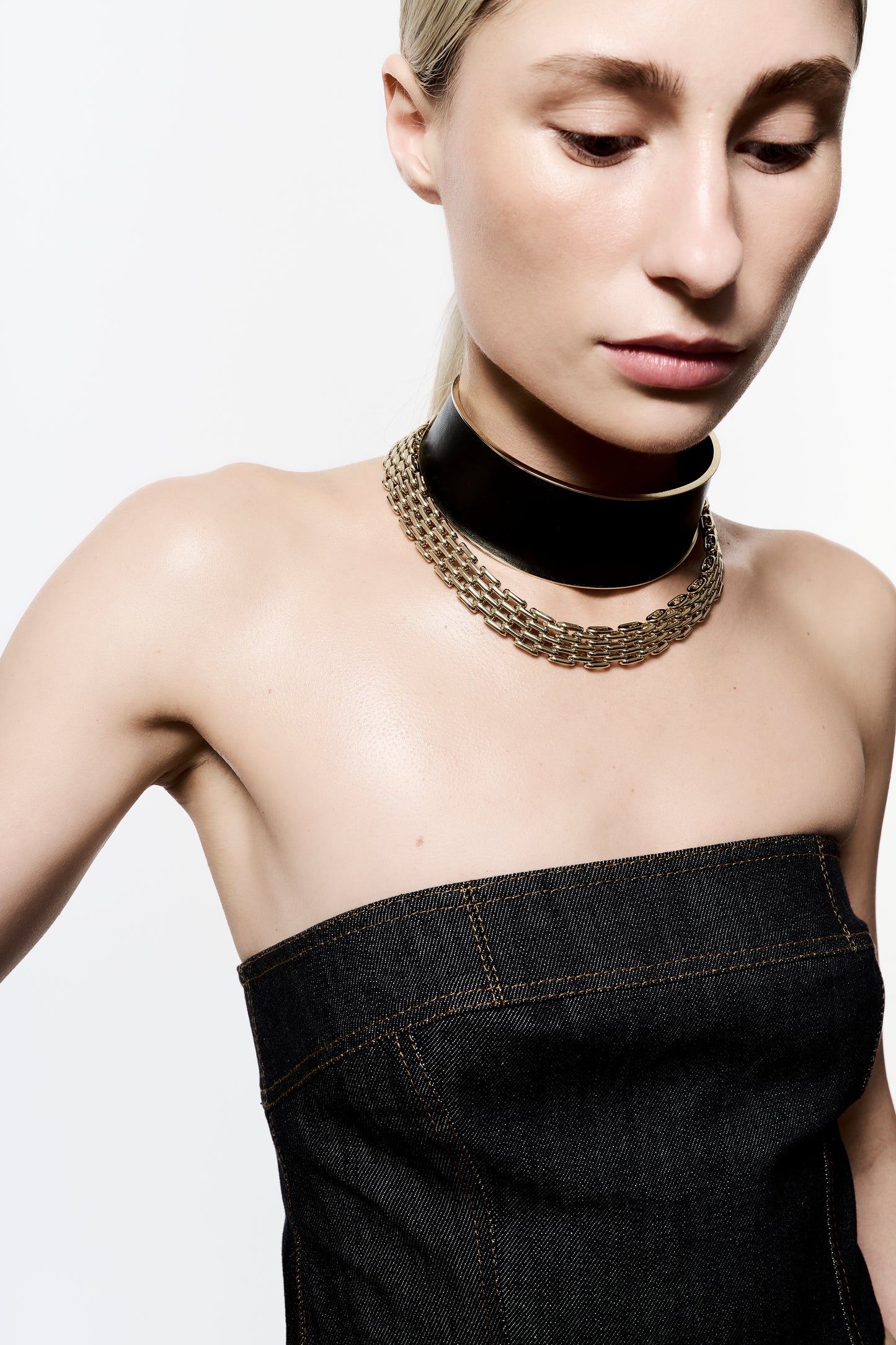 Zylberstein French luxury statement bold fashion gold chain double choker necklace jewelry with sustainable leather