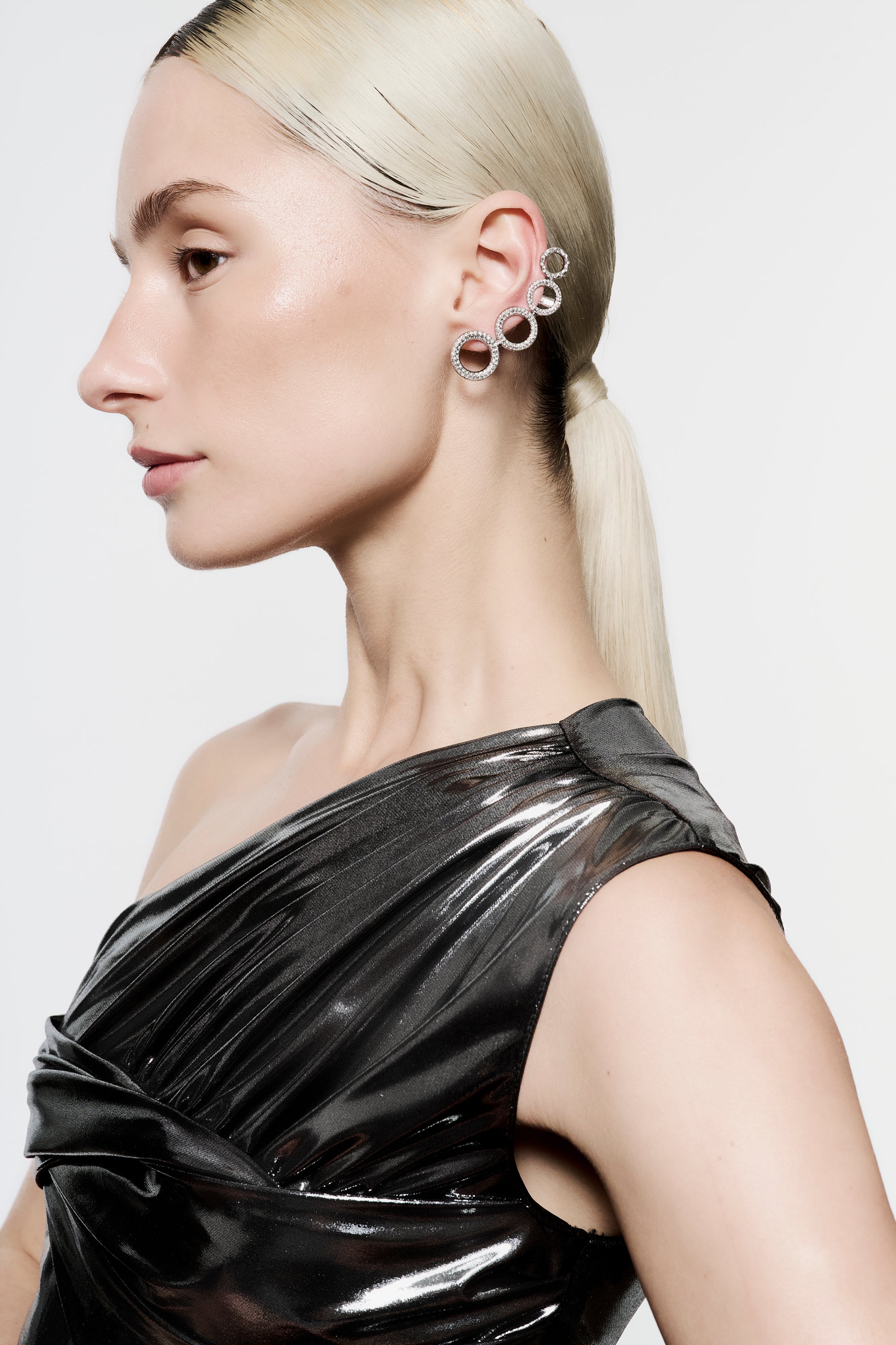 Zylberstein French fashion luxury statement bold jewelry silver palladium metal earcuff earrings with Swarovski crystals rings
