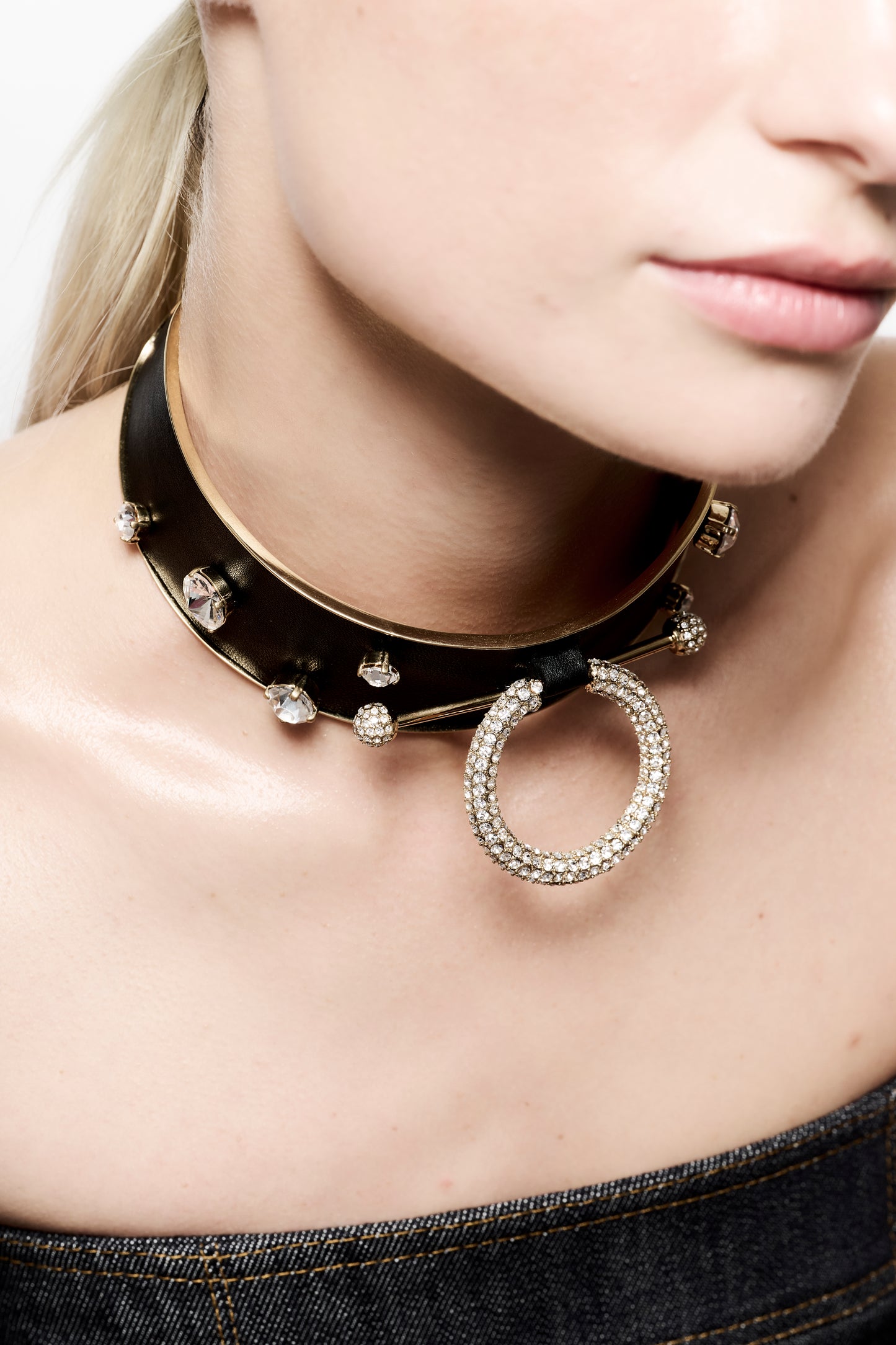 Zylberstein French luxury statement fashion gold choker barbell piercing ring necklace jewelry with sustainable leather and swarovski crystals