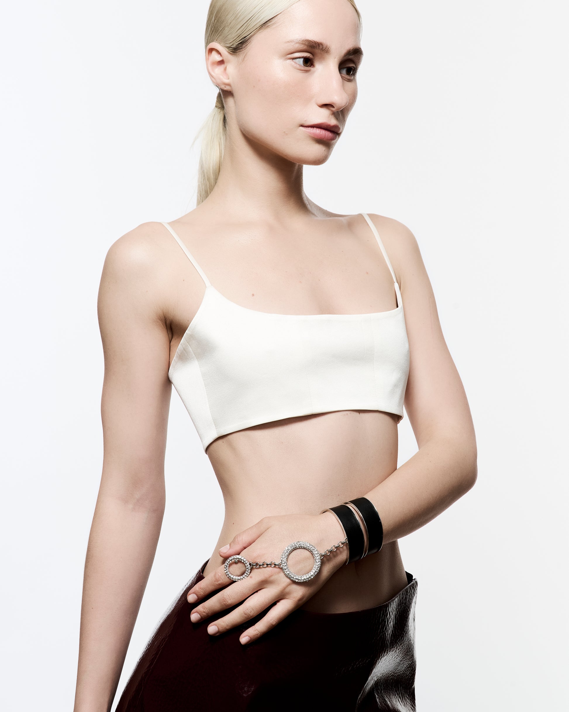 Zylberstein French fashion luxury statement bold jewelry silver palladium metal leather cuff with detachable chain and adjustable circle ring with Swarovski crystals rings