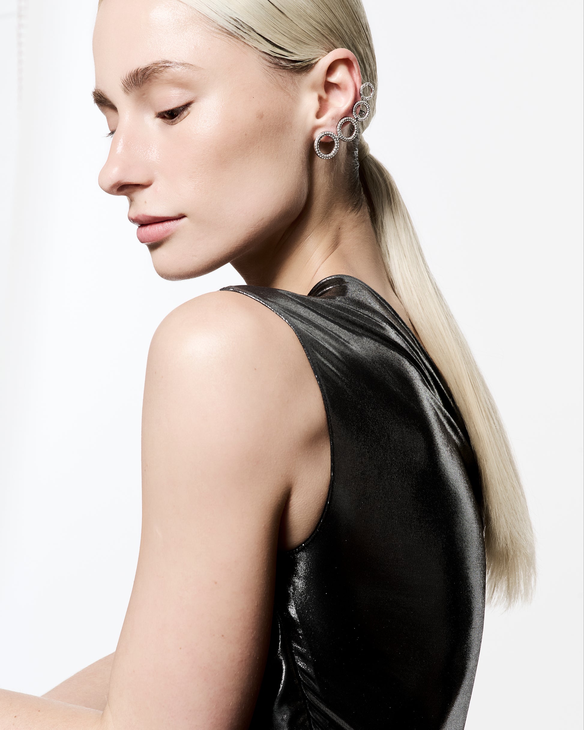 Zylberstein French fashion luxury statement bold jewelry silver palladium metal earcuff earrings with Swarovski crystals rings