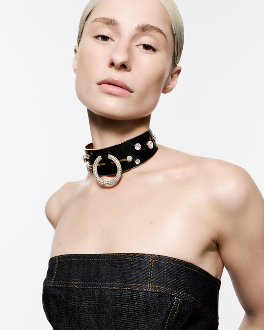 Zylberstein French luxury statement fashion gold choker barbell piercing ring necklace jewelry with sustainable leather and swarovski crystals