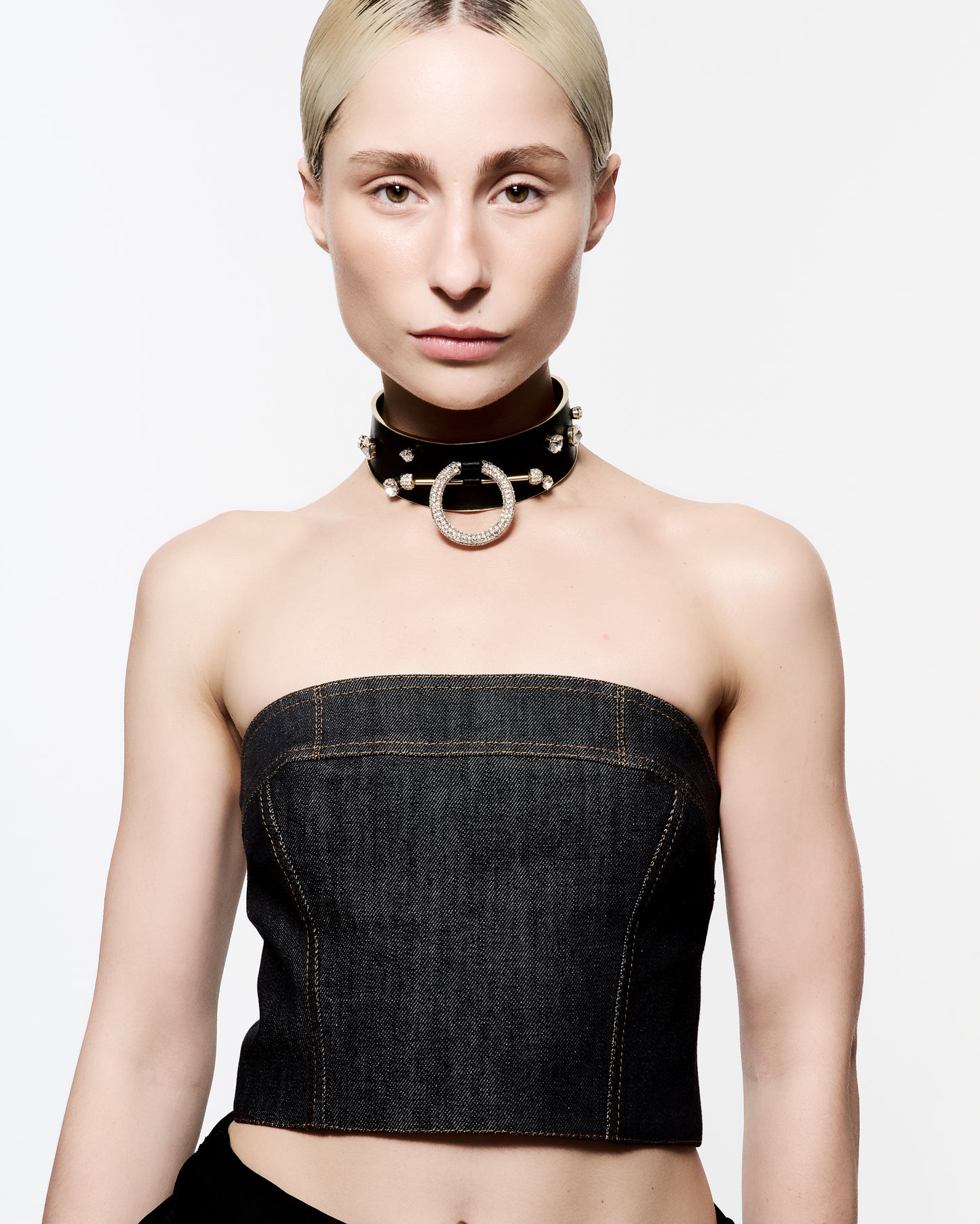 Zylberstein French luxury statement fashion gold choker barbell piercing ring necklace jewelry with sustainable leather and swarovski crystals