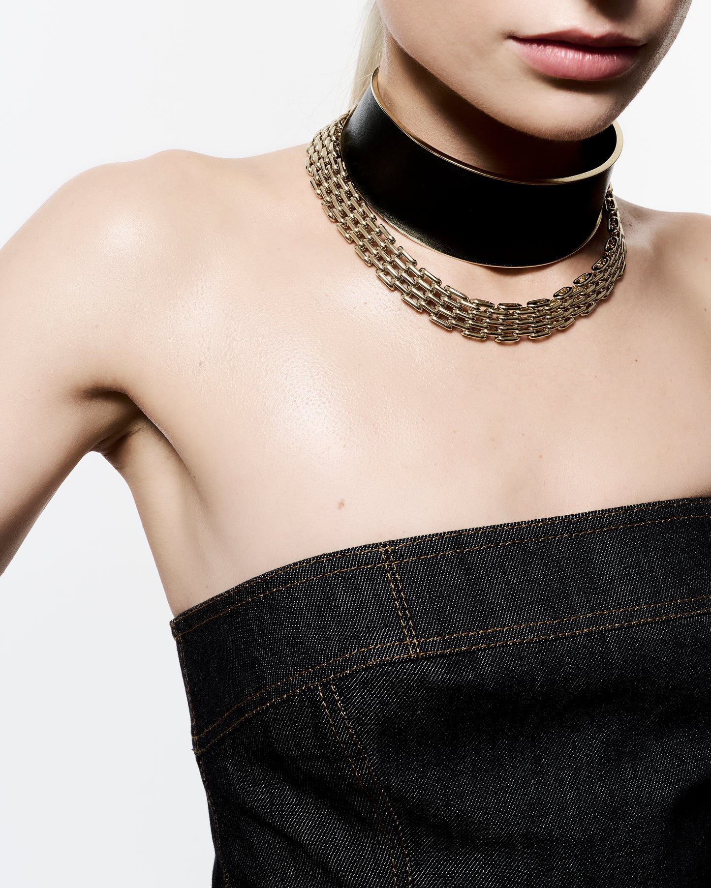 Zylberstein French luxury statement bold fashion gold chain double choker necklace jewelry with sustainable leather