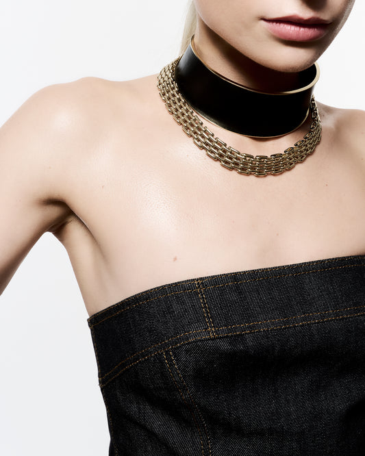 Zylberstein French luxury statement bold fashion gold chain double choker necklace jewelry with sustainable leather