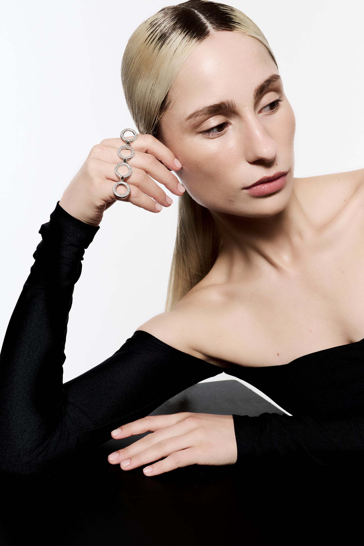 Zylberstein French fashion luxury statement bold jewelry silver palladium metal adjustable double ring with Swarovski crystals rings and cones studs