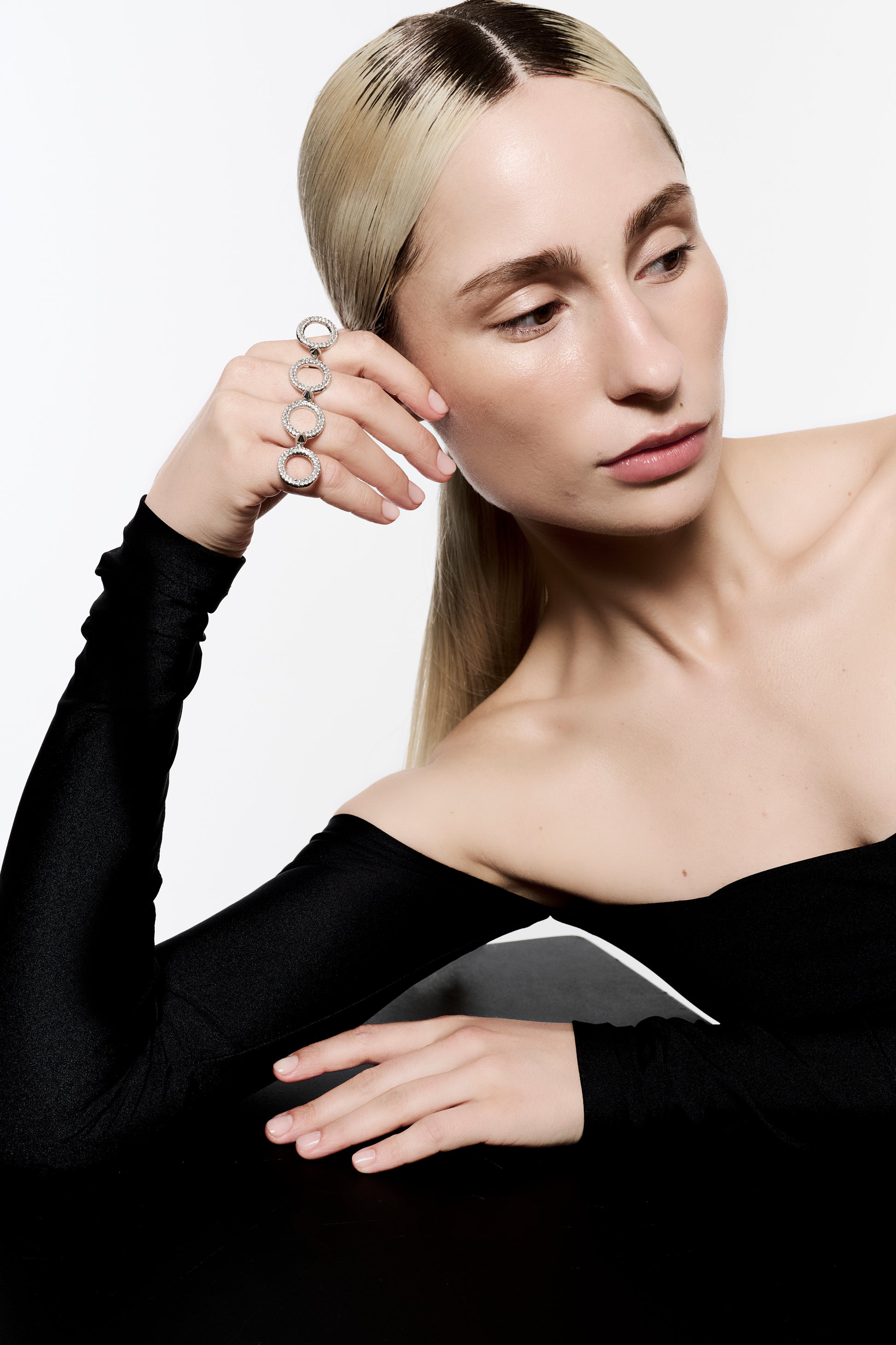 Zylberstein French fashion luxury statement bold jewelry silver palladium metal adjustable double ring with Swarovski crystals rings and cones studs