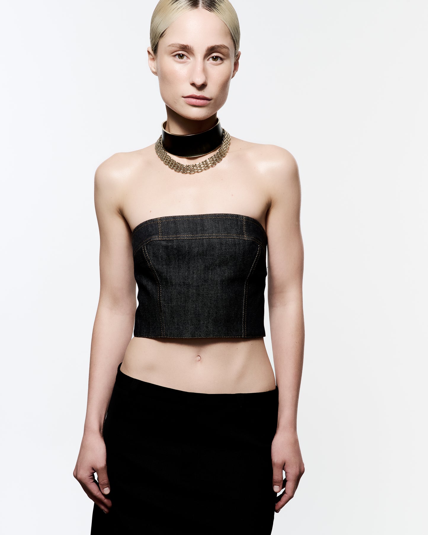 Zylberstein French luxury statement bold fashion gold chain double choker necklace jewelry with sustainable leather