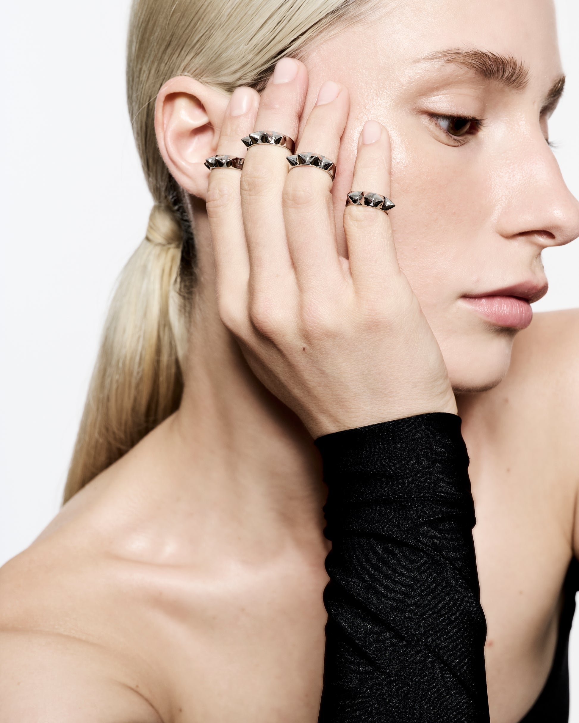 Zylberstein French bold statement fashion luxury jewelry with silver palladium mini studs cones spikes adjustable ring