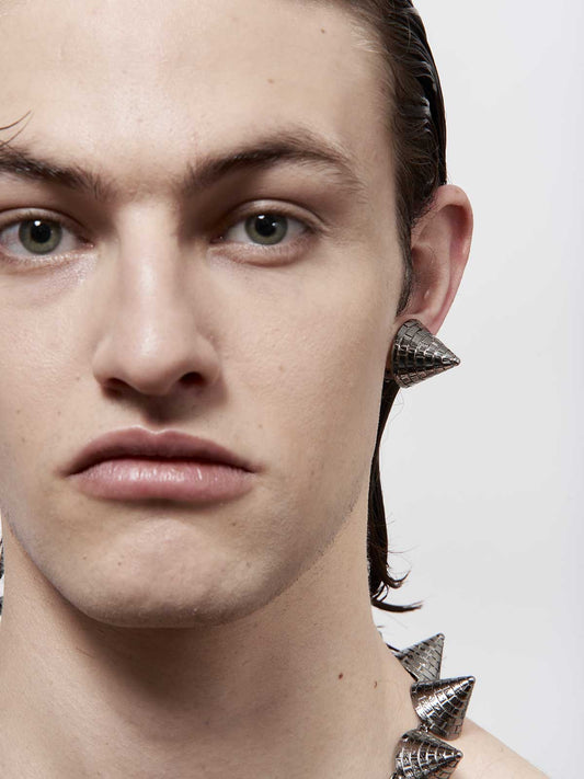 French designer punk rock couture fashion luxury silver gunmetal trendy sustainable statement spike studded men clip earrings