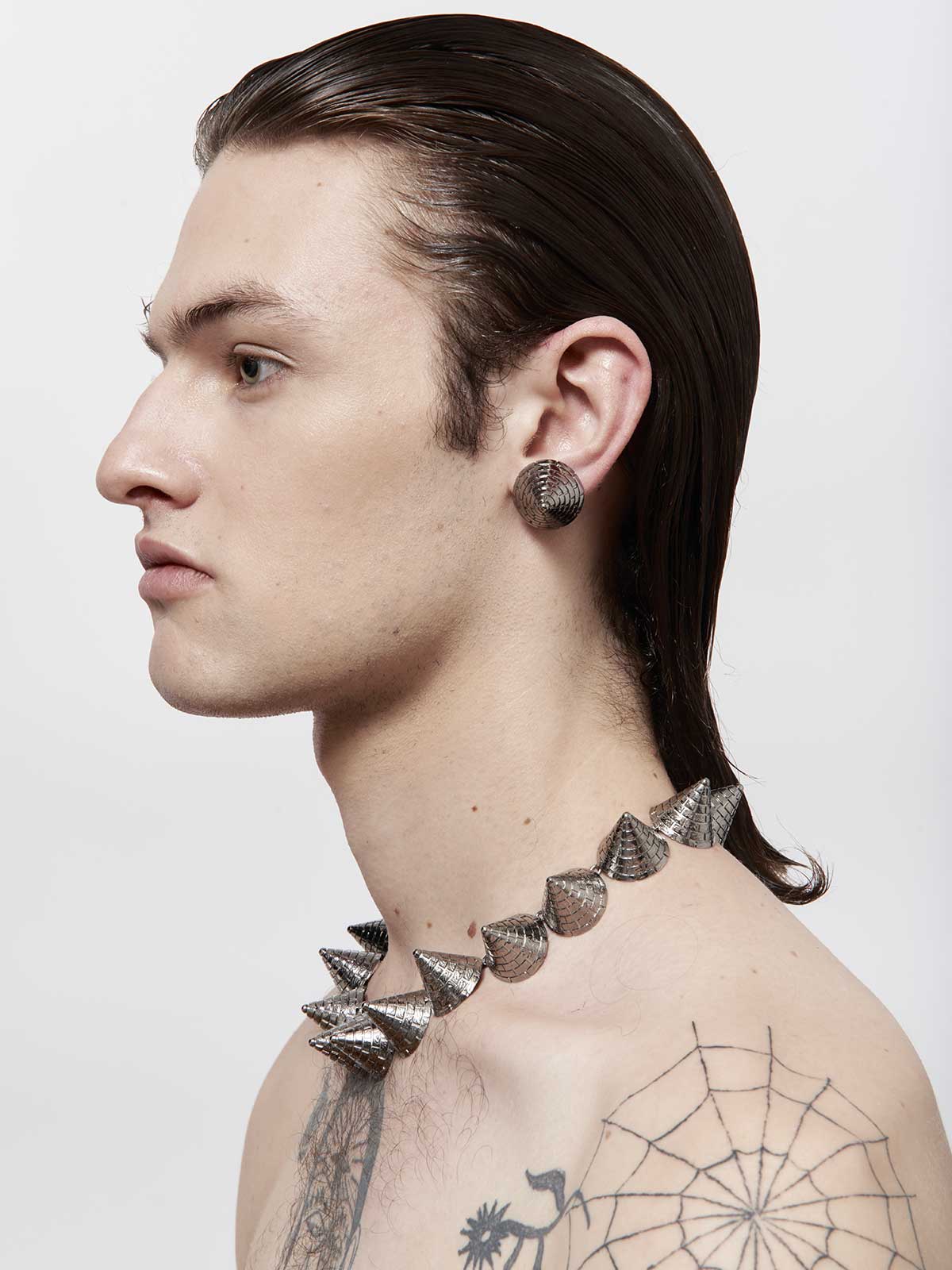 French designer punk rock couture fashion luxury silver gunmetal trendy sustainable statement spike studded men clip earrings