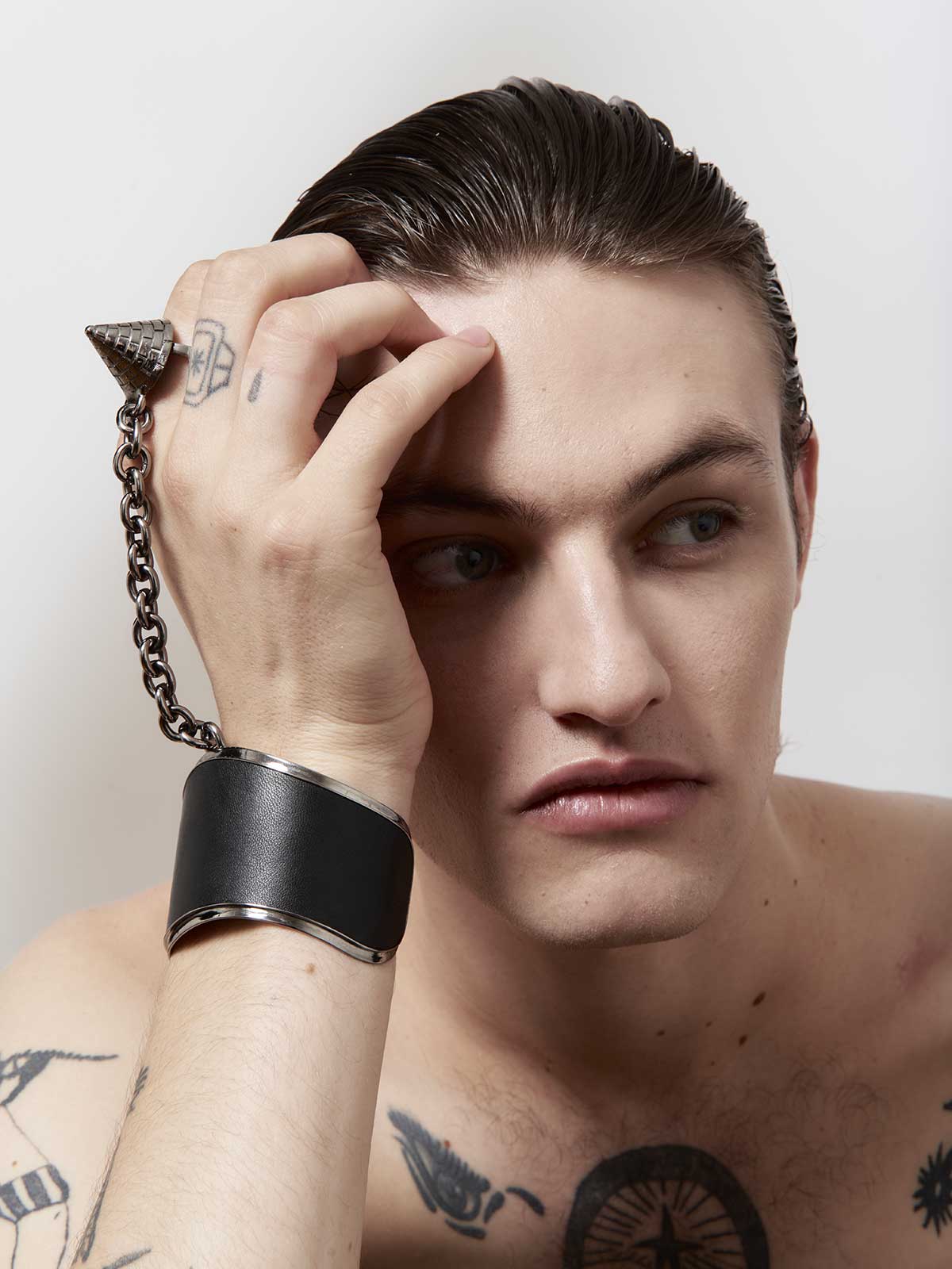 Fashion jewelry french designer punk rock couture sustainable men leather chain cuff bracelet stud spike ring