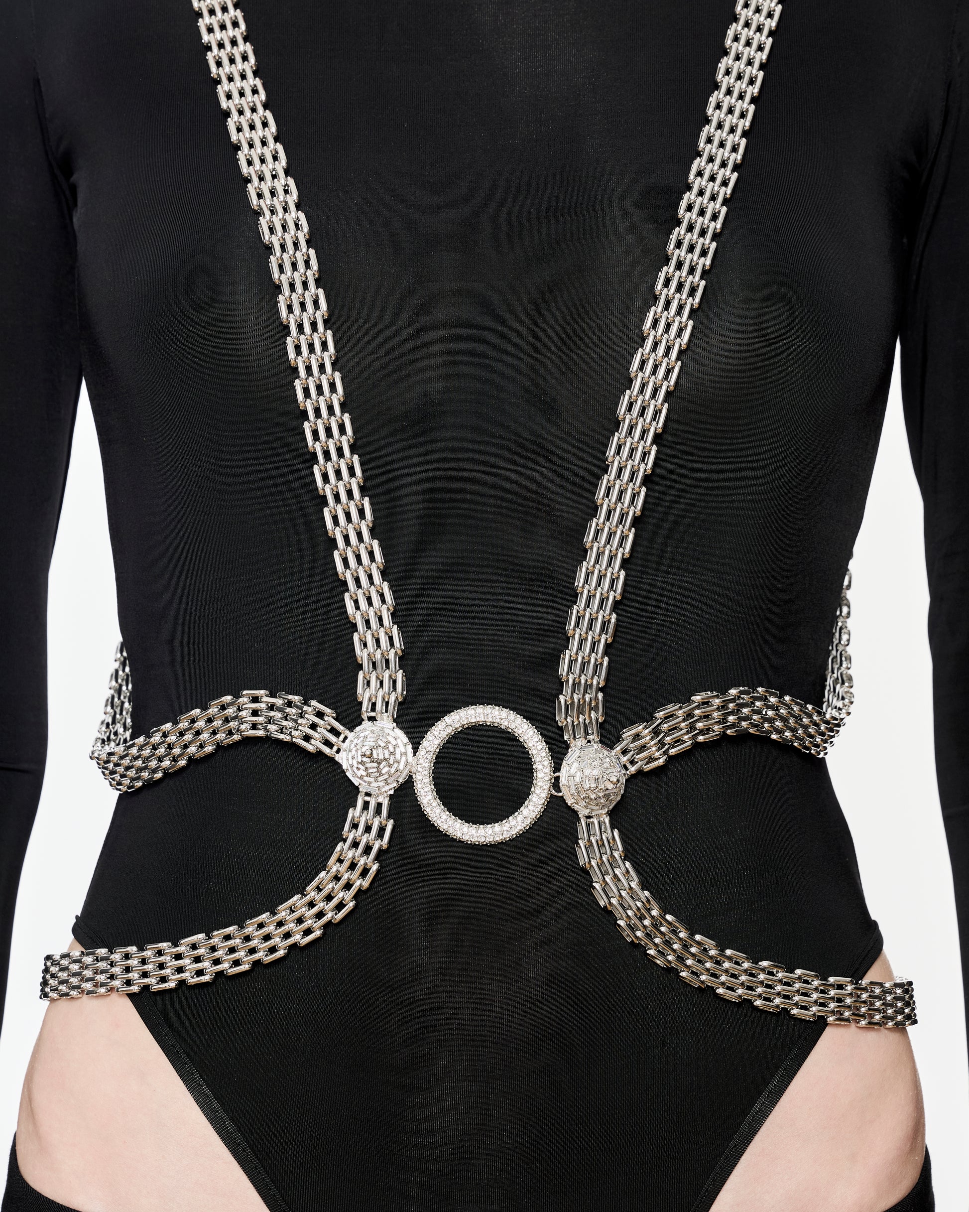 Zylberstein made to order couture bold statement fashion luxury jewelry harness with silver palladium metal and swarovski crystals  cones and circles rings