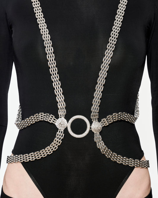 Zylberstein made to order couture bold statement fashion luxury jewelry harness with silver palladium metal and swarovski crystals  cones and circles rings