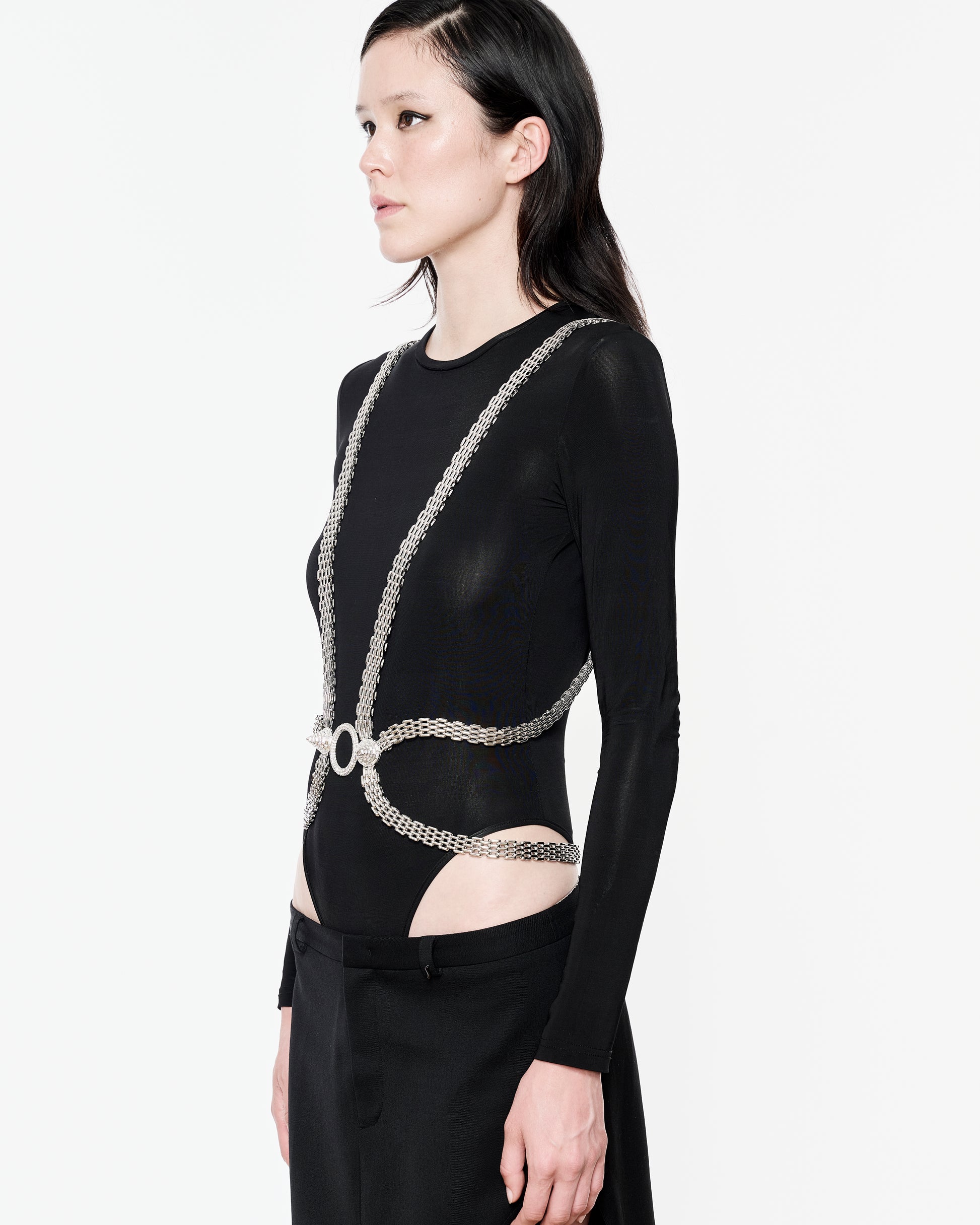 Zylberstein made to order couture bold statement fashion luxury jewelry harness with silver palladium metal and swarovski crystals  cones and circles rings