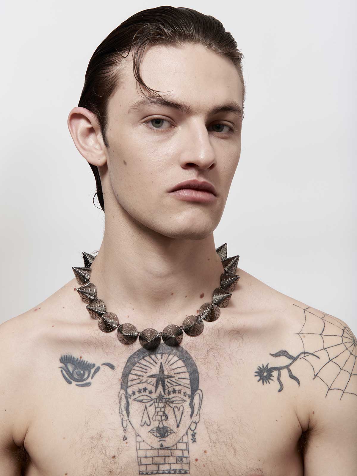 Fashion jewelry french designer punk rock couture sustainable men studded spike statement style necklace 