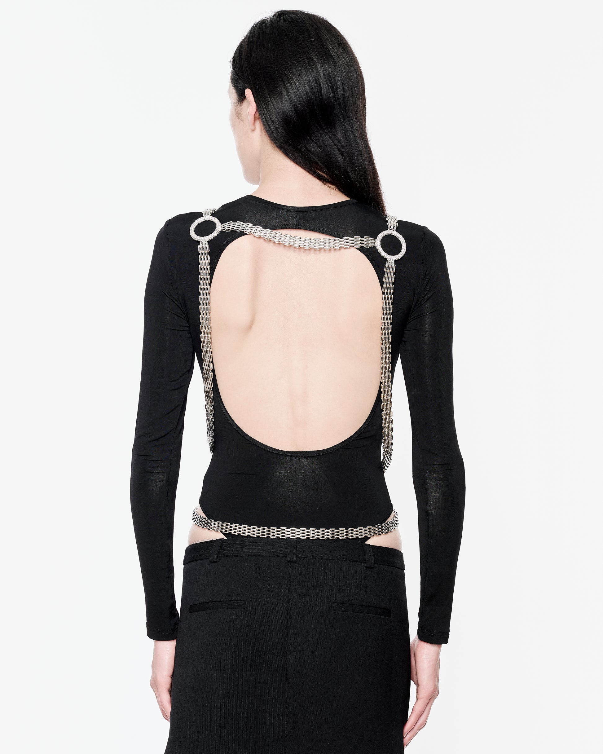 Zylberstein made to order couture bold statement fashion luxury jewelry harness with silver palladium metal and swarovski crystals  cones and circles rings