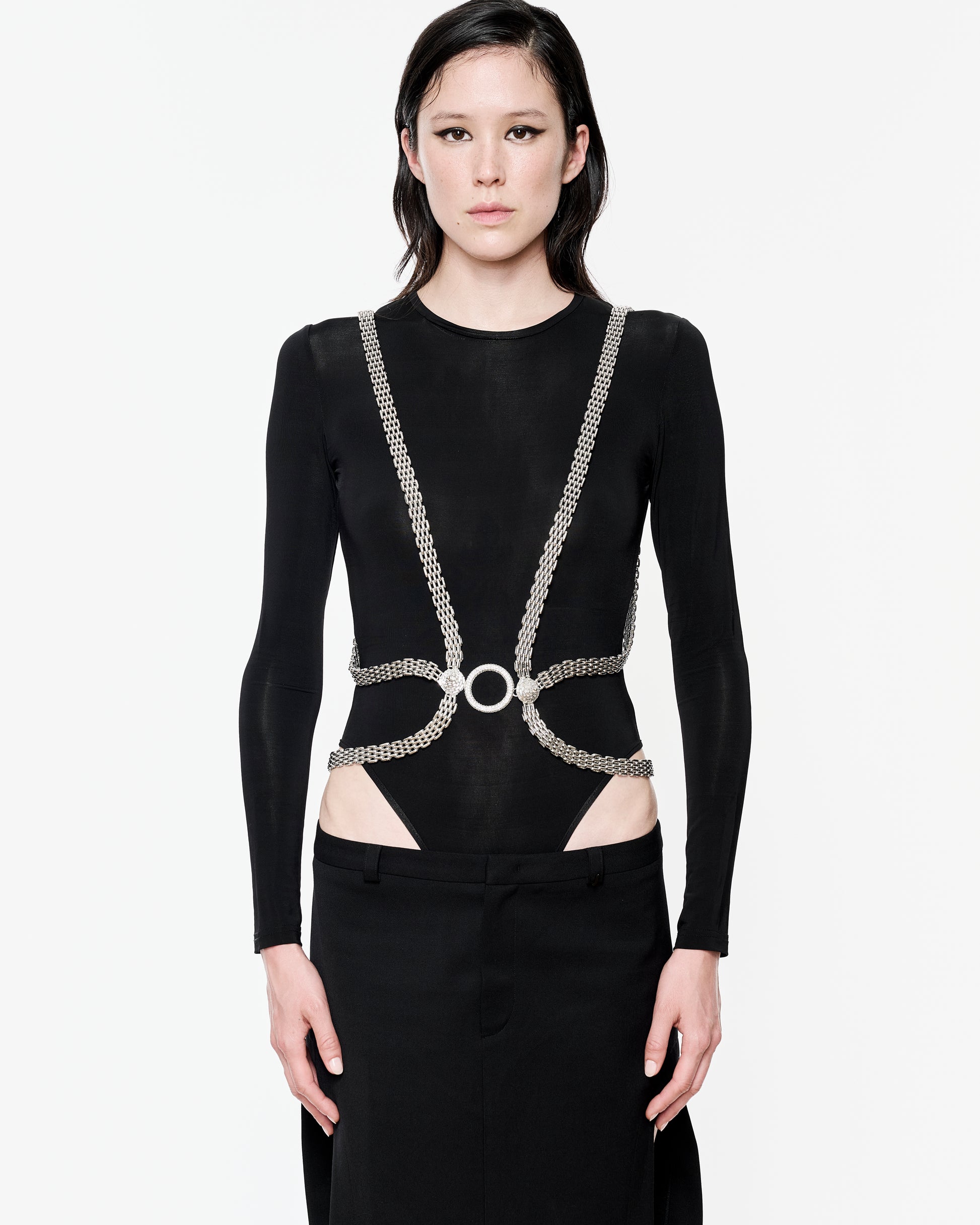 Zylberstein made to order handmade couture bold statement fashion luxury jewelry harness with silver palladium metal and swarovski crystals  cones and circles rings