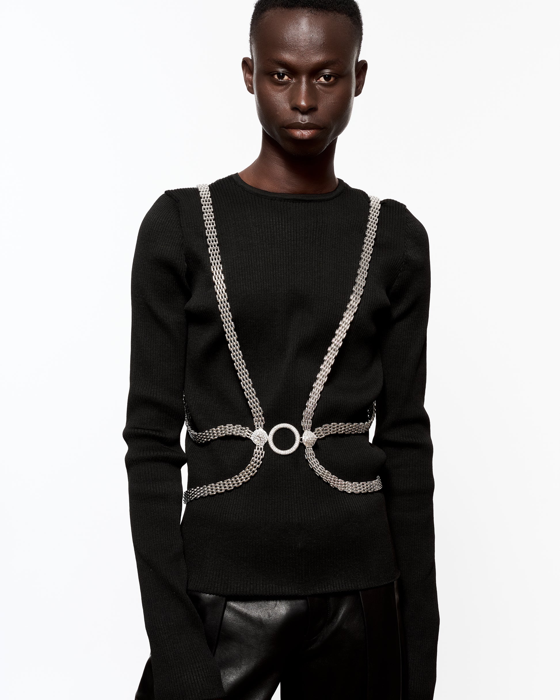Zylberstein made to order handmade couture bold statement fashion luxury jewelry harness with silver palladium metal and swarovski crystals  cones and circles 