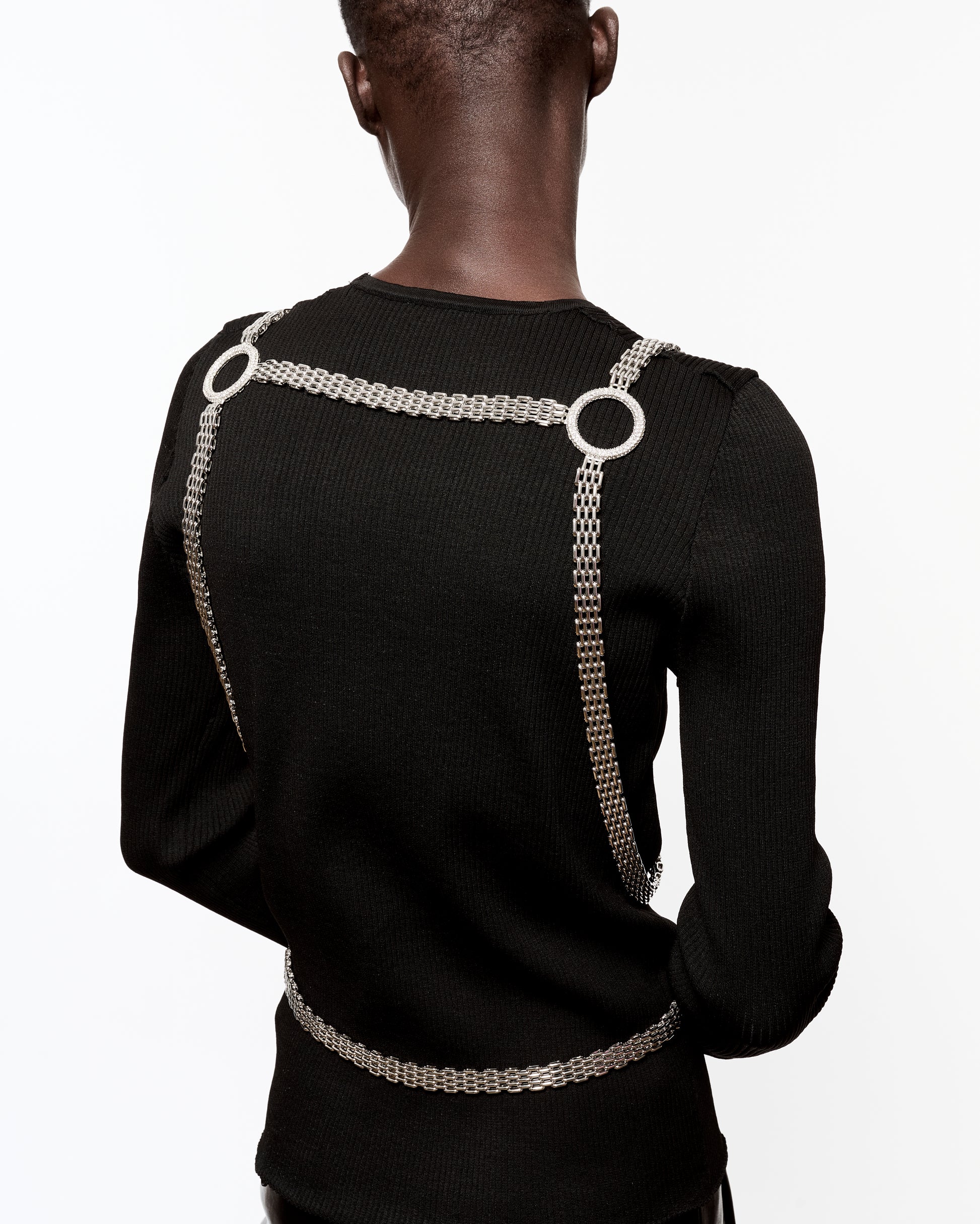Zylberstein made to order handmade couture bold statement fashion luxury jewelry harness with silver palladium metal and swarovski crystals  cones and circles 