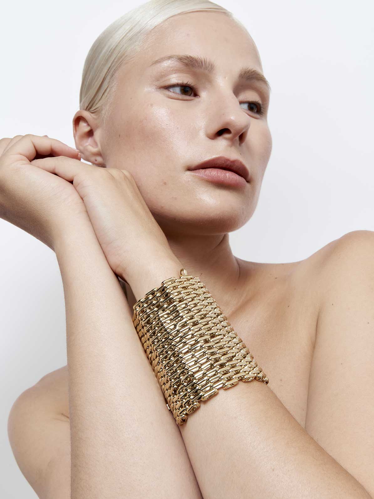 Fashion jewelry french designer punk rock couture sustainable gold removable studded spike ring chain statement style cuff bracelet