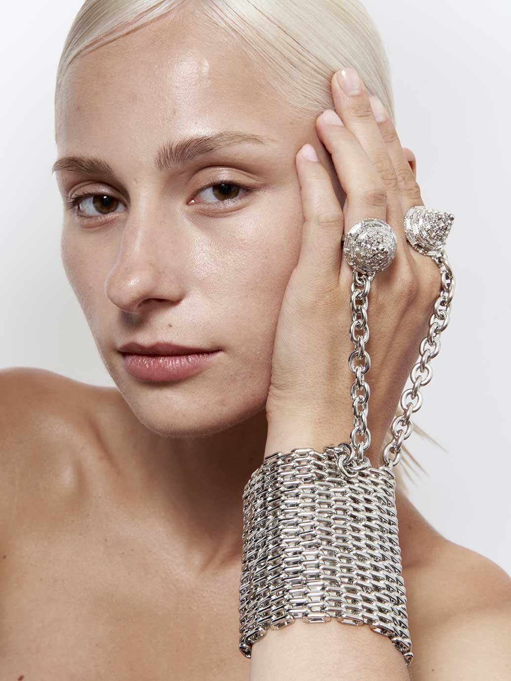 Fashion jewelry french designer punk rock couture sustainable silver Swarovski crystals removable studded spike ring chain statement style cuff bracelet