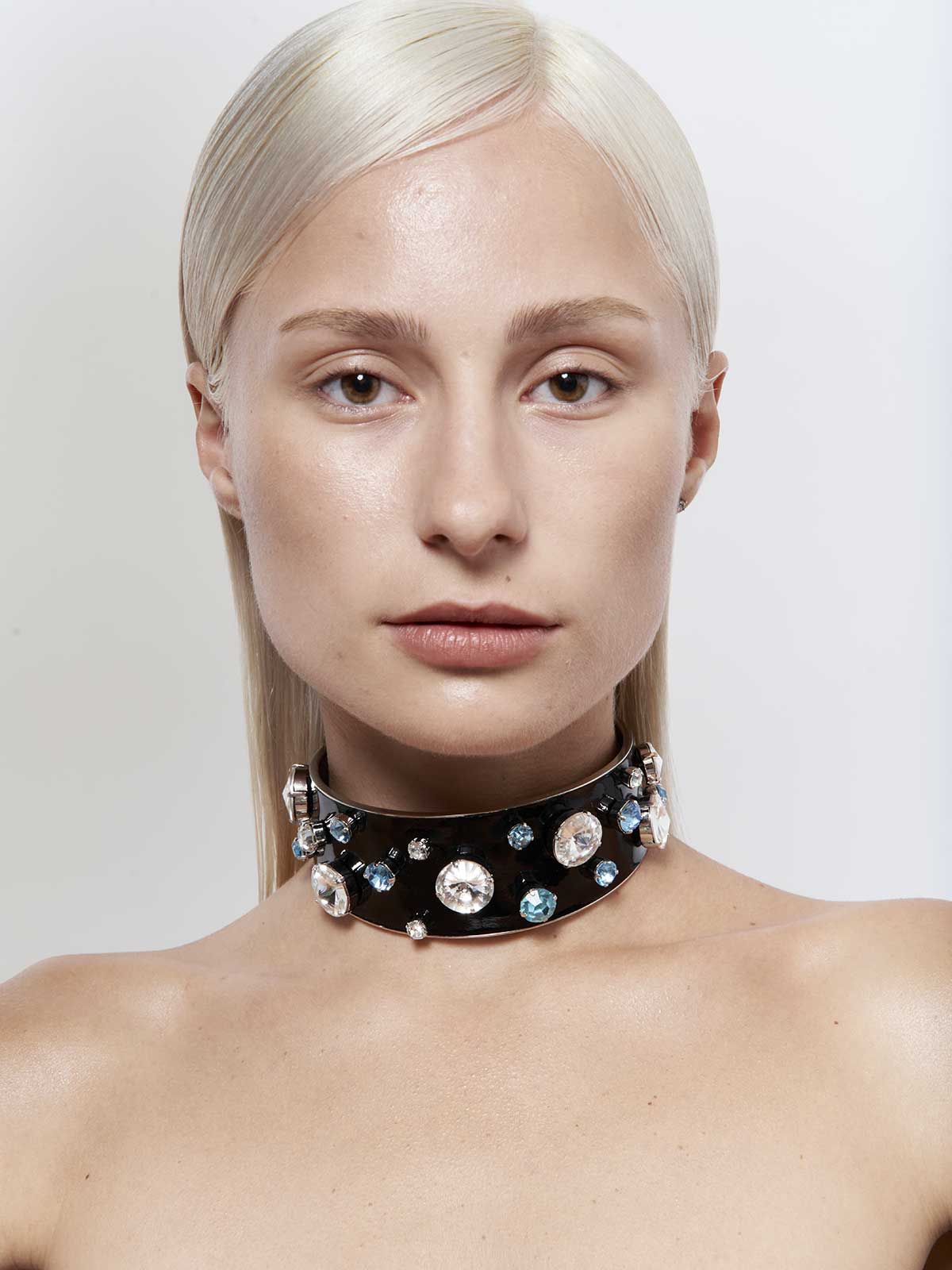 Fashion jewelry french designer punk rock couture sustainable vynil glossy leather Swarovski crystals statement choker necklace