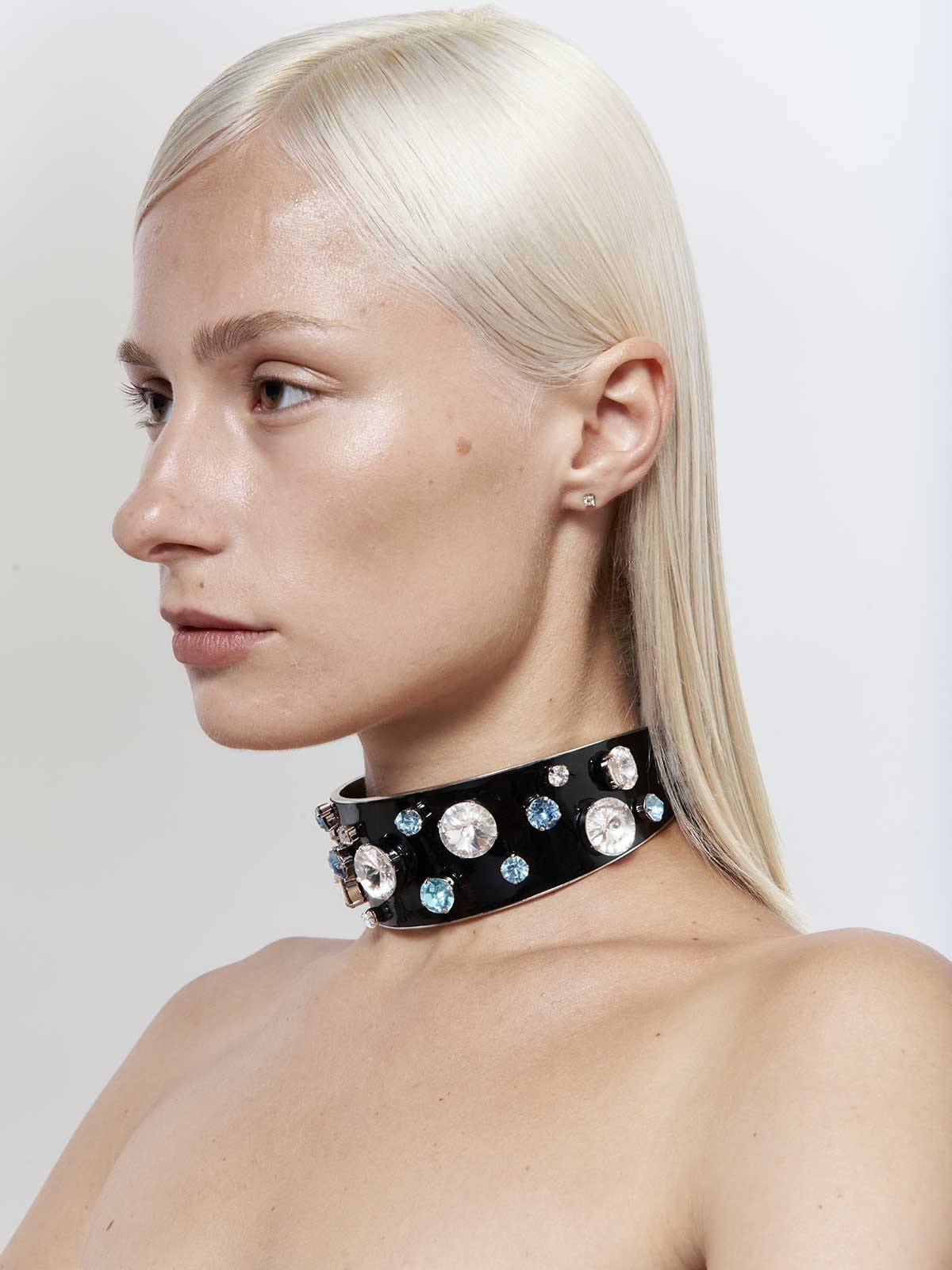 Fashion jewelry french designer punk rock couture sustainable vynil glossy leather Swarovski crystals statement choker necklace